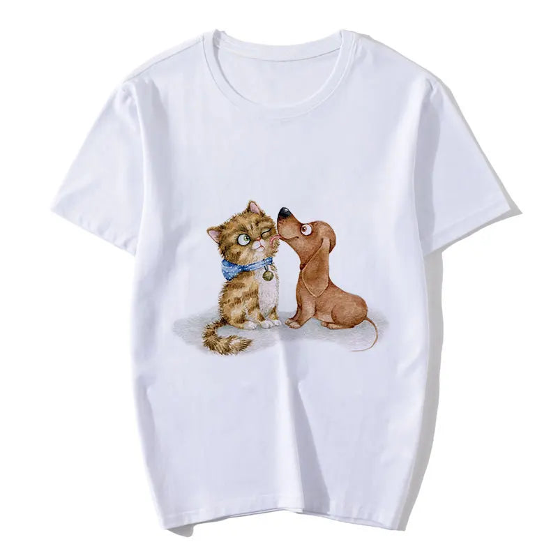 Curious Dachshund & Cat T-Shirt – Adorable & Playful Animal Lover Tee - White